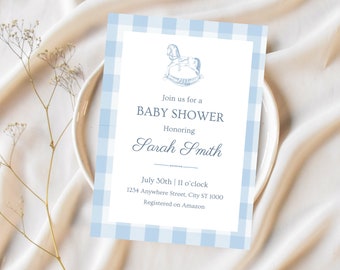 Elegantes Schaukelpferd-Babyparty-Einladungsvorlage, EDITIERBARE Babyparty-Einladungsvorlage, blaue Gingham-Babyparty-Einladung