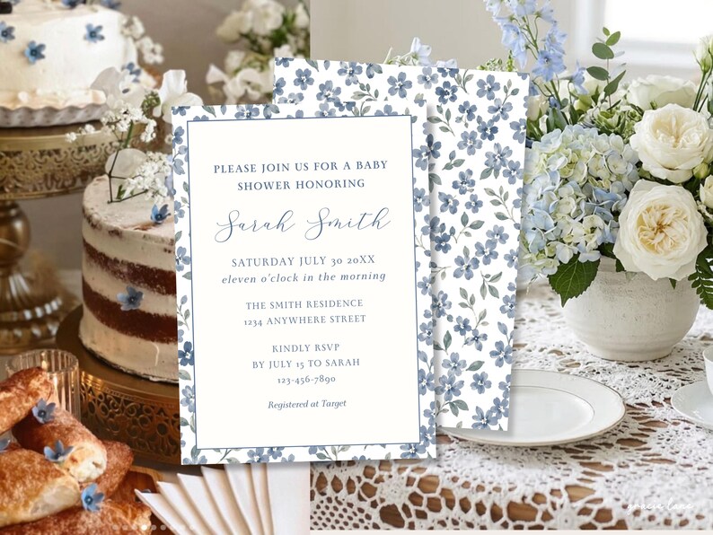 May include: A rectangular baby shower invitation card featuring a blue floral pattern border and white center with text: PLEASE JOIN US FOR A BABY SHOWER HONORING Sarah Smith SATURDAY JULY 30 20XX eleven o'clock in the morning THE SMITH RESIDENCE 1234 ANYWHERE STREET KINDLY RSVP BY JULY 15 TO SARAH 123-456-7890 Registered at Target.