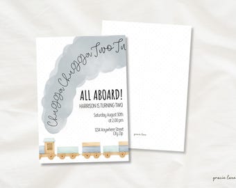 Invitación de cumpleaños número 2 con temática de tren: Plantilla editable de Canva (Descarga digital)