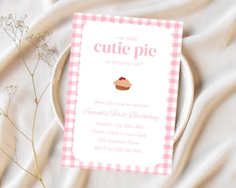 Invitación de primer cumpleaños "Cutie Pie": Cuadros rosas, plantilla editable (descarga digital)