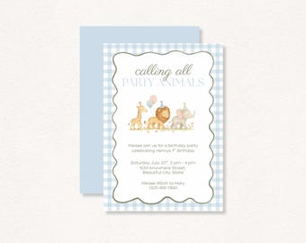 Invitación de cumpleaños con temática de safari en la jungla: animales en acuarela, cuadros azules (plantilla de Canva, PDF imprimible) - The Henry