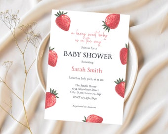 A Berry Sweet Baby ist auf dem Weg Babyparty Einladung Vorlage, EDITIERBARE Babyparty Einladung, Erdbeer Baby Shower