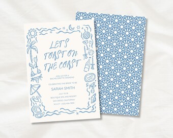 Invitación de despedida de soltera costera/Fiesta nupcial en la playa, plantilla editable de Canva (5x7)