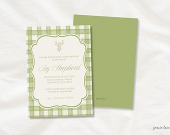 Invitación para baby shower con estampado de cuadros verdes: Estilo campestre floral, plantilla editable de Canva (imprimible de 5x7) - The Ivy