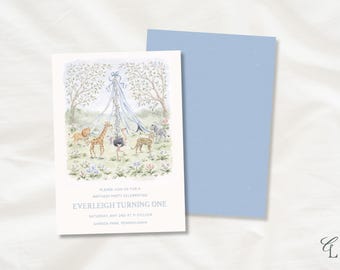 Plantilla de invitación de cumpleaños con animales, invitación de primer cumpleaños para niña, animales en acuarela, fiesta safari en el jardín, editable en Canva