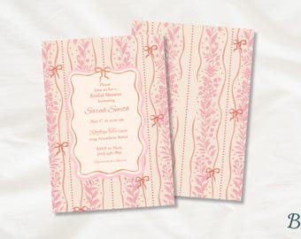 Invitación floral rosa para despedida de soltera con diseño de lazo, Canva editable (plantilla de 13 x 18 cm)