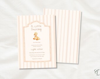 Plantilla de invitación para baby shower con temática de patitos, invitación de patito, baby shower unisex, plantilla editable de Canva, tema minimalista.