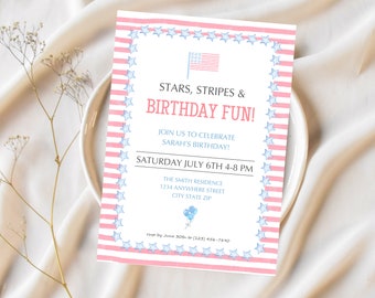 Invitación de cumpleaños con barbacoa del 4 de julio, plantilla editable de Canva, invitación de cumpleaños con la bandera estadounidense patriótica