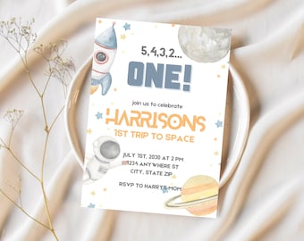 Invitación de primer cumpleaños con temática espacial, plantilla editable de Canva, fiesta de cumpleaños de astronautas, 5, 4, 3, 2... ¡Uno!