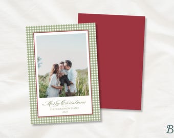Floral Gingham | Rustic Holiday Photo Card | Vintage Botanical Christmas Template | Editable Canva Holiday