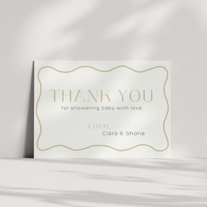 Baby shower Bedankkaart, bedankbriefje, bewerkbare sjabloon, Instant Download, Neutraal, Minimalistisch, Golvende Wriggly Boarder, Event Cards