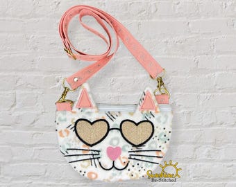 ITH Cat Zipper Bag - In the Hoop Embroidery Design Cute Cat with glasses Purse Rounded Bottom Animal Bag Machine Embroidery Digital Download