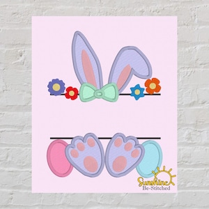 May include: A pastel pink Easter-themed design featuring bunny ears, a bow tie, and flowers above, with bunny feet and Easter eggs below. The design is embroidered with a light purple, pink, blue, and green color scheme. The text "Sunshine Be-Stitched" is in the lower right corner.