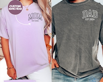 Custom Mom Dad Comfort Colors® T-shirt, Personalized Mama & Dad Pocket Shirt, Pregnancy Announcement Tee, Matching Parents Outfit Gifts