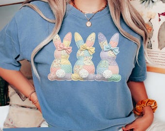 Comfort Colors® Faux Patchwork Bunny Shirt, Vintage Cottagecore Easter Shirt, Spring Floral Graphic Tee, Gift for Women, Septembercosmos