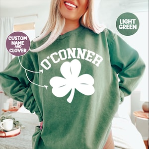 Trevo personalizado, moletom personalizado com sobrenome do Dia de São Patrício, camisa irlandesa para beber, camisa para desfile, cores vintage confortáveis