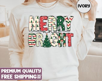 Classic Christmas shirt, Merry and Bright, Long Sleeve Shirt, Christmas holiday, Christmas Comfort Colors Shirt, retro Christmas tree shirt,