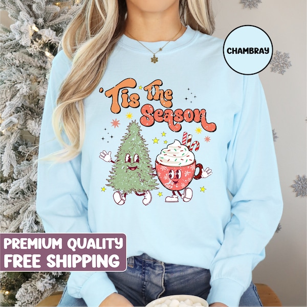 Comfort Colors® tis the season Christmas long sleeve shirt, cute Christmas shirt, Retro Christmas, holiday apparel, Christmas tree hot cocoa