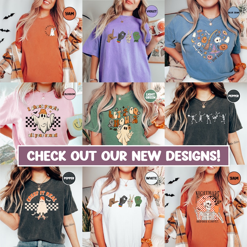May include: A collection of nine different t-shirt designs featuring various Halloween-themed graphics, including ghosts, skeletons, and pumpkins. The shirts are available in a variety of colours, including orange, purple, green, and black.