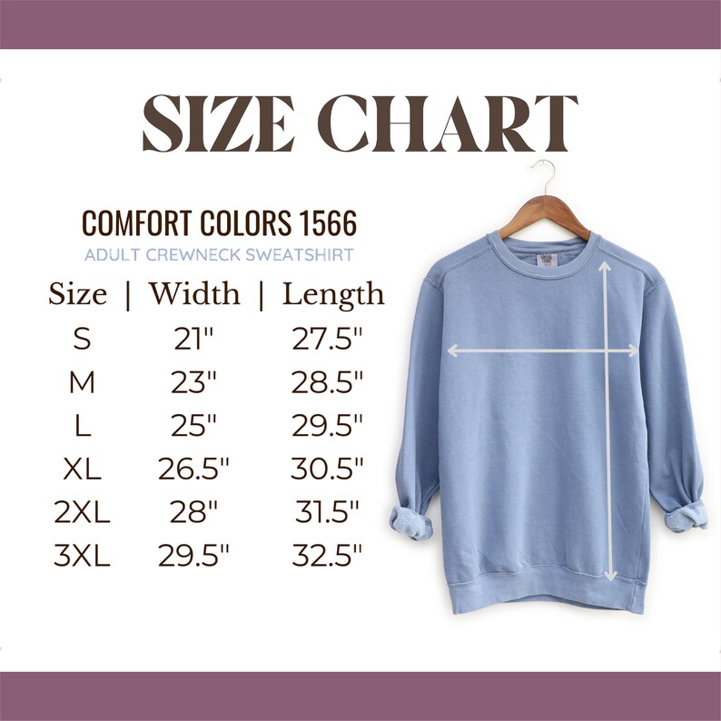 May include: Size chart for adult crewneck sweatshirts in Comfort Colors 1566. The chart shows sizes S through 3XL with corresponding width and length measurements in inches.