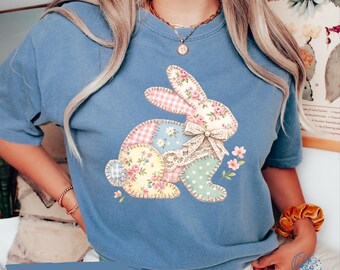 Comfort Colors® Faux Patchwork Bunny Shirt, Vintage Cottagecore Easter Shirt, Spring Floral Graphic Tee, Gift for Women, Septembercosmos