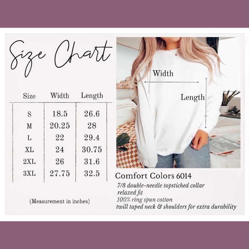 May include: Size chart for a long-sleeved shirt with measurements in inches. The chart shows sizes S through 3XL with corresponding width and length measurements. The shirt is described as 7/8 double-needle topstitched collar, relaxed fit, 100% ring spun cotton, twill taped neck & shoulders for extra durability.