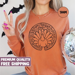 Camiseta de manga comprida Doodle Turkey, Camiseta engraçada de ação de graças, Ação de Graças feminina, Ação de Graças fofa, Roupas de outono, Camiseta com cores confortáveis