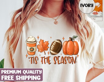 Tis The Season, Herbstkaffee-Shirt, heißer Kaffee-Shirt, Kaffee-Liebhaber-Shirt, Herbst-Shirt, Kürbis-Latte-Getränk, Thanksgiving, Kürbis-Gewürz-Shirt