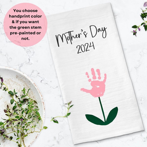Mothers Day Tea Towel, Custom Handmade Kitchen Towel Kit, Handprint Flower Towel, Gift from Kids, Personalized Gift for Her, Keepsake Gift