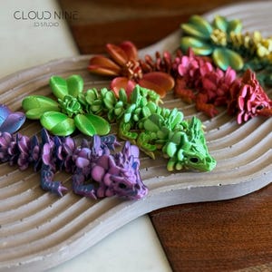 May include: A collection of colorful, 3D-printed dragon sculptures in various colors, including green, purple, red, and orange. The dragons are arranged on a light gray, textured tray. The Cloud Nine 3D Studio logo is in the upper left corner.