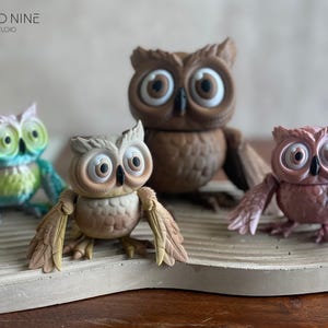 May include: Four owl figurines, each with different colors and designs. The owls are made of a smooth, painted material. The owls are arranged on a light brown surface. The text "CLOUD NINE 3D STUDIO" is visible in the top left corner of the image.