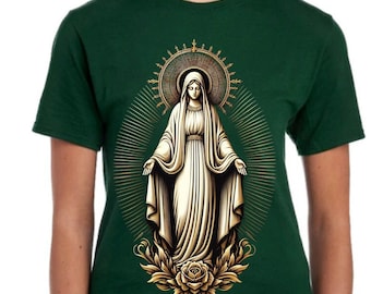May include: A green t-shirt with a gold image of the Virgin Mary. The image features a halo, a white robe, and a rose.