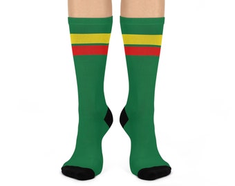 Rasta - Yellow/Red Stripes - Cushioned Crew Socks (Dark Green)