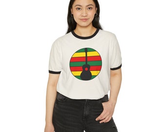 Parlor Guitar Silhouette - Rasta - Unisex Cotton Ringer T-Shirt