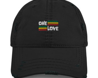 One Love - Rasta - Embroidered - Distressed Dad Hat - Otto