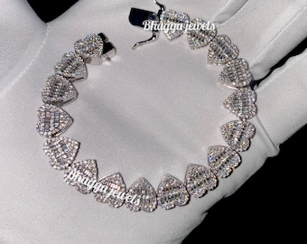 VVS Moissanite Diamond Iced Out Baguette Heart Shape 925 Silver Bracelet, Unisex Diamond Bracelet, Men's Women's Diamond Bracelet Gift