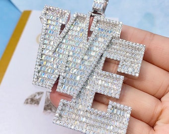 Custom Moissanite Diamond Letter Pendant 925 Silver Hip Hop Initial Name Round & Baguette Diamond Pendant Necklace Bling Pendant For Gift