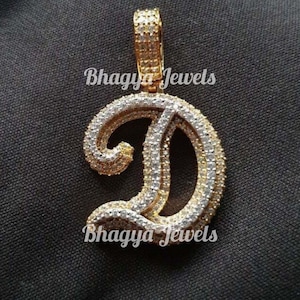 Pingente personalizado com letra inicial gelada VVS, pingente com pingente de moissanita D com pingente de ouro maciço 10K, presente para ele, joias aprovadas no teste de diamante