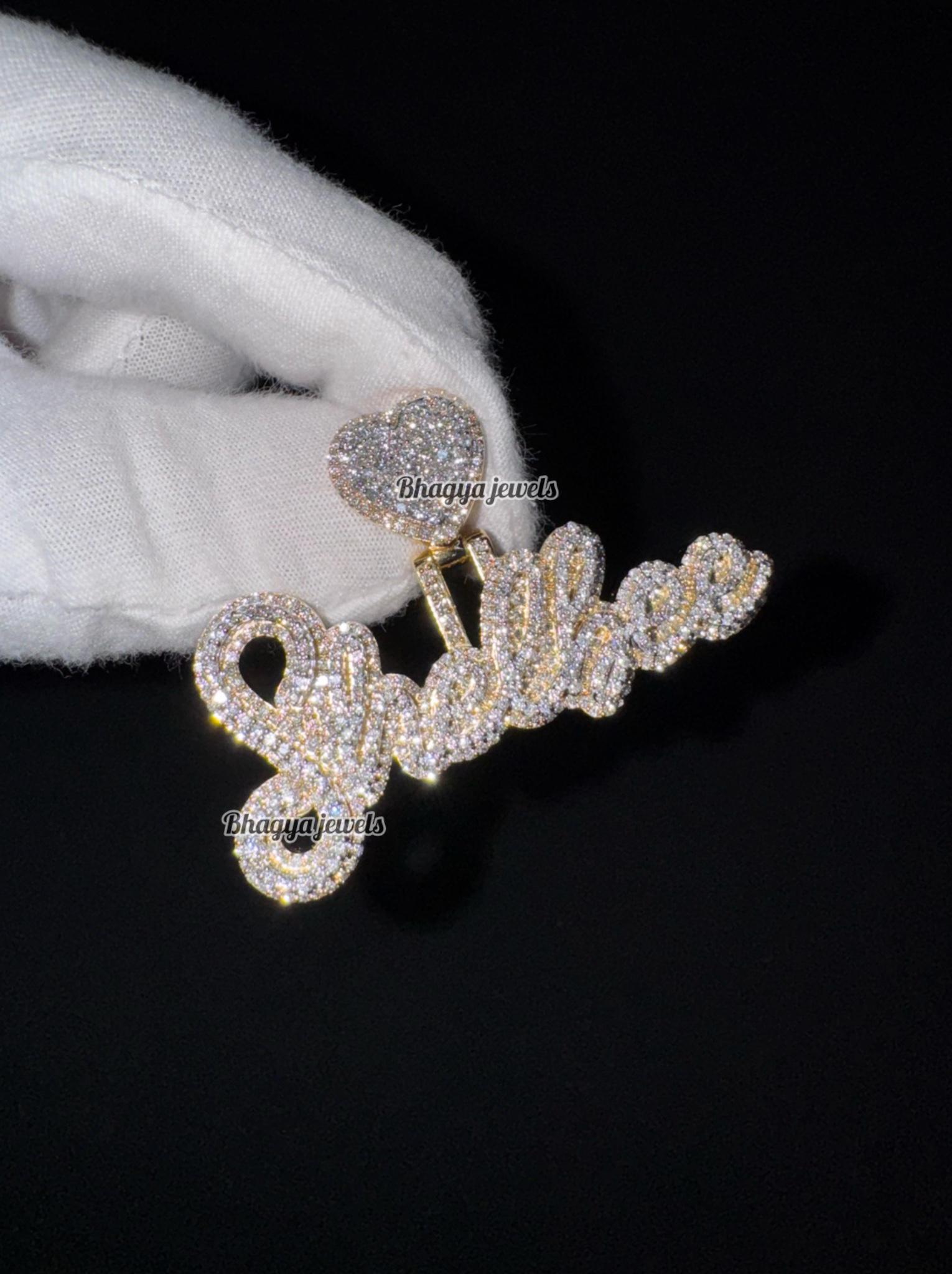 Custom Diamond Heart Puff & Cursive Personalized Name Pendant, Silver Rapper Moissanite Pendant , Unisex Jewelry