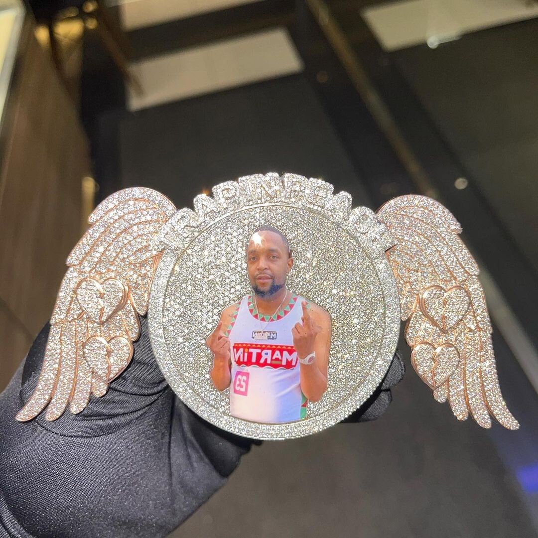 Men's 30.00 Ct VVS Round Angel Photo Pendant, Iced Out Moissanite Charm, 925 Silver Memory