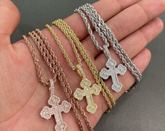 thumbnail image 2 of Harlembling Iced Moissanite Tennis Cross Pendant – 925 Sterling Silver, Real Gold Plated 2 of 6