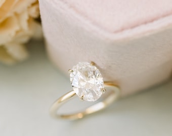 Anello di fidanzamento solitario con alone in oro giallo massiccio 14 carati, con diamante CVD taglio ovale da 3,00 ct, per donna, anello da sposa, anello di promessa, anello nuziale - Italia