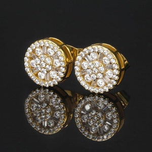 Diamond Earring Studs / 14K Gold Baguette and Round Cluster Moissanite Diamond Earrings for Women / Everyday Baguette Earrings, Fine Jewelry