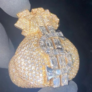 Anello con borsa porta soldi in argento VVS Moissanite / Regalo per uomo / Anello economico / Anello elegante / Anello tutto in oro giallo / Anello con borsa porta soldi ghiacciato da uomo