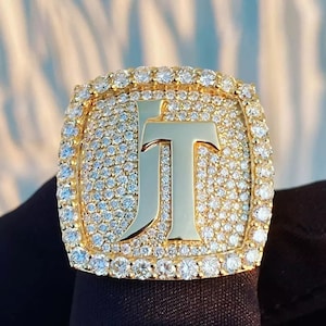 Silver Champion Men's Ring, Full Iced Out Round Diamond Ring, Real VVS Moissanite Diamond Ring For Rapper's, Bust Down Hip Hop Ring