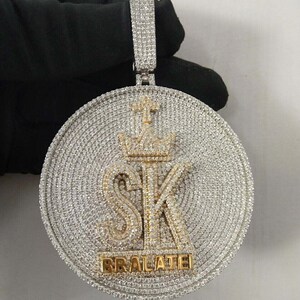 Iced Out Custom 925 Sterling Siver &quot; SK &quot; Round Pendant, 18 Ct. Moissanite Diamond VVS Hip Hop Jewelry for Rappers Custom letter Pendant