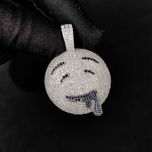VVS Moissanite 925 Sterling Silver Round Diamond Fully Iced Out Drooling Face Emoji Charm Pendant