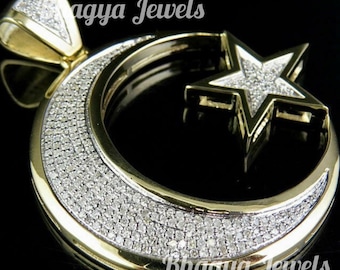 Real 10K Yellow Gold Moon & Star Pendant Charm Piece in Diamond Pendant Men's Womens Customized Moon Pendant in Round VVS Moissanite Diamond