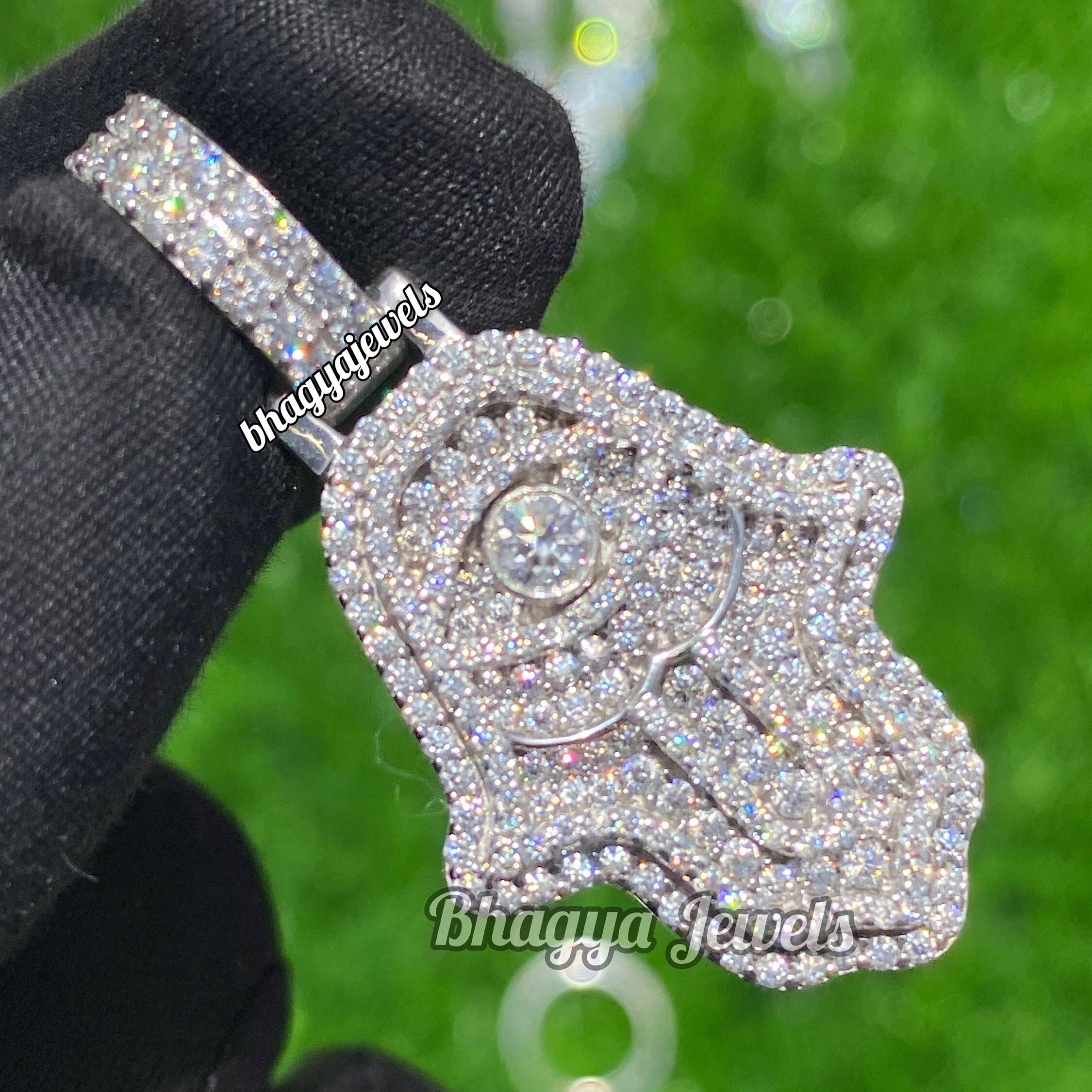 Hamza Custom Men's Ice Out Round Moissanite Hamsa Hand Pendant, VVS Diamond Hamza ...