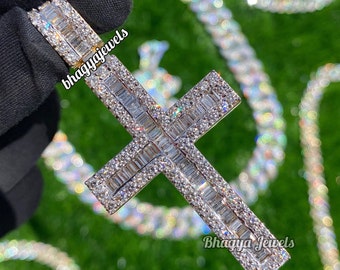 VVS Moissanite Charm Cross Pendant, 925 Silver Iced out Hip Hop Pendant, Baguette Diamond Jesus Cross Women Necklace Mothers Day Gifts